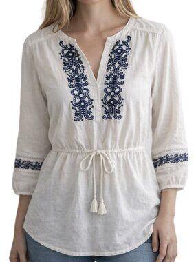 Lauren Ralph Lauren Embroidered Tunic Top Boho White Petite L